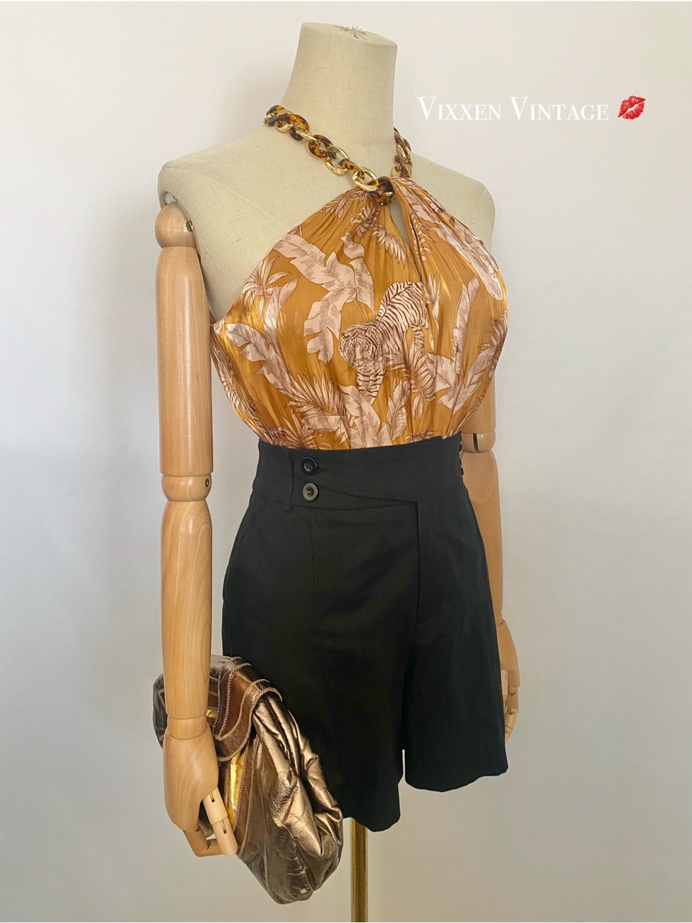 BAILEY 44 JUNGLE TIGER CHAIN NECK HALTER TANK TOP IN SHIMMERY CARAMEL